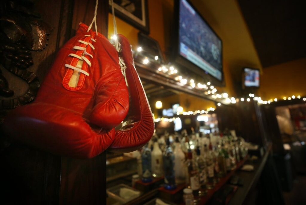 Boxing gloves adorn