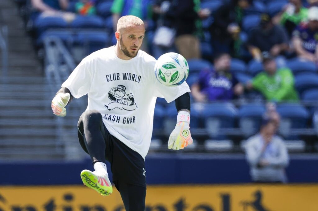 Seattle Sounders FC goalkeeper Stefan Frei (24) wears a t-shirt